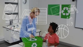 Animation of education school icons over diverse school children in recycling in classroom. Global education, learning and elementary school concept digitally generated video.