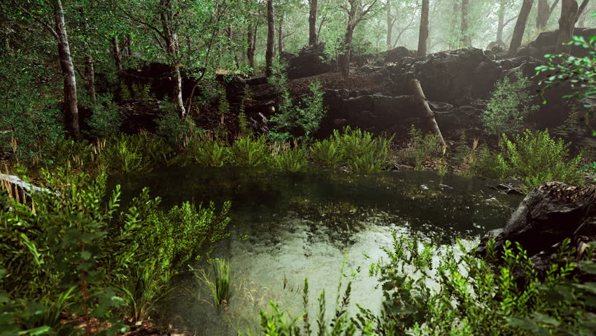 forest spring landscape with overgrown pond