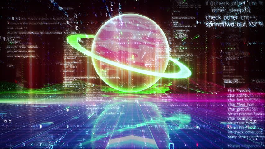 The global communication background, sci fi retro planet rotating with code | Shutterstock HD Video #1112052793