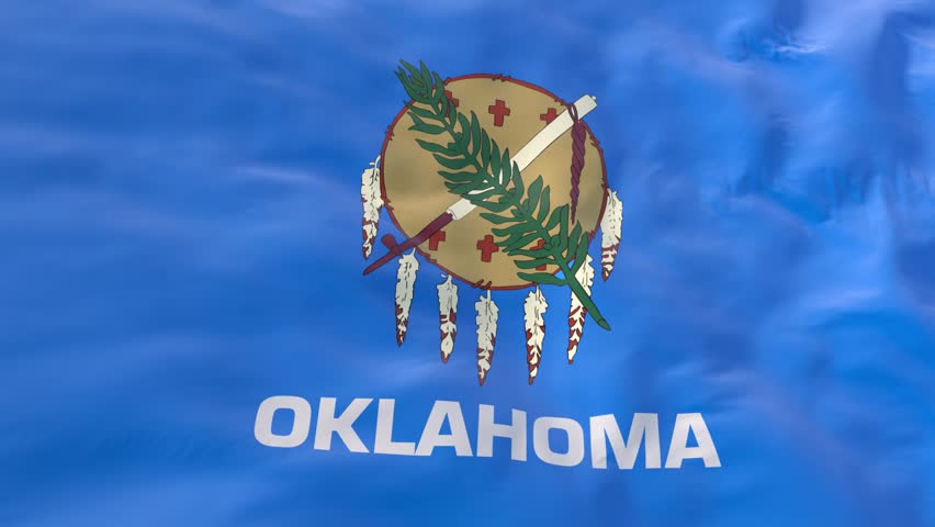 Oklahoma flag waving in the wind as background or intro, State of Oklahoma flag in slow 3d motion animation realistic. Oklahoma flag 4k resolution Close Up