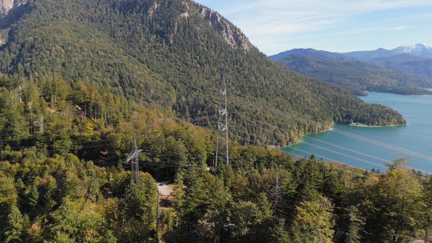 With beautiful countryside background and the view of cable lift pylon 