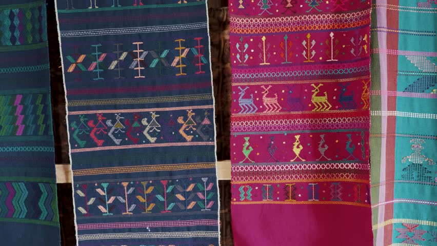 Colorful Guatemalan Textiles For Sale In A Souvenir Shop - Close Up