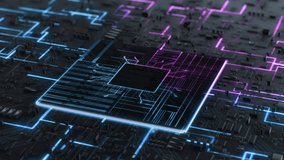 Animation of Futuristic CPU or Motherboard with Circuit Board. 3D Visualization Artificial Intelligence Processor Power. Bright Data Transmission in Neon Micro Chip Virtual Computer Animation - Powered by Shutterstock - Get 15% off with code: PIKWIZARD15