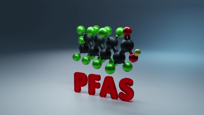 PFAS Per- and poly-fluoroalkyl substances - 3D molecule conformer. 3D animation The camera moves from left to right. | Shutterstock HD Video #1112065543