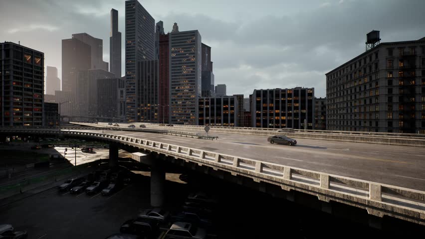 The camera flies over a multi-lane highway with busy traffic, showing the business center during rush hour. Royalty-Free Stock Footage #1112066857