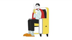 Treating flu at home line cartoon animation. Warming up, staying hydrated 4K video motion graphic. Asian sick man drinking tea in armchair 2D linear animated character isolated on white background