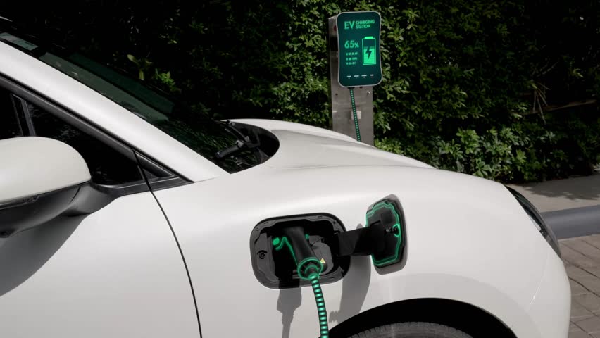 Electric car recharging with digital battery status hologram display by futuristic smart EV charger from clean energy charging station in natural park. Futuristic eco-friendly EV car. Peruse | Shutterstock HD Video #1112071153