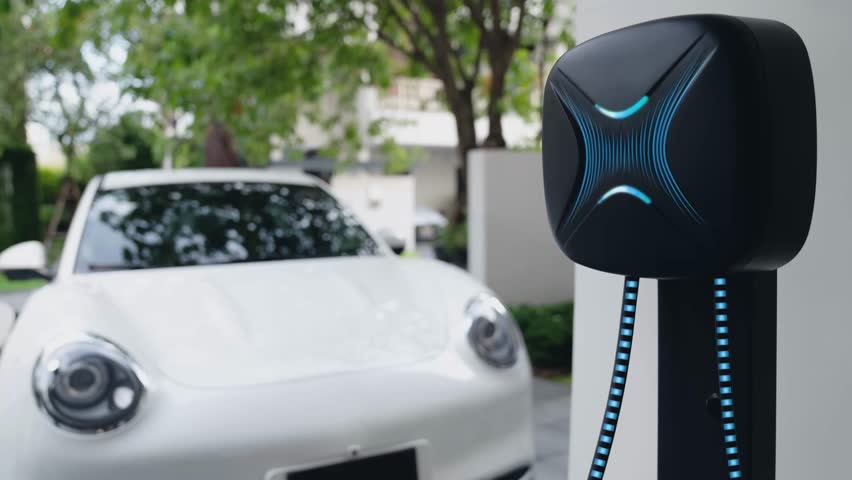 Electric car recharging in futuristic home charging station with smart digital EV battery status hologram. Technology advancement of EV car and home energy infrastructure for sustainable future.Peruse | Shutterstock HD Video #1112071231