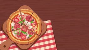 Landing page with Italian pizza. Moving banner with hand reaching for piece of delicious food. Top view of traditional pizza with cheese and tomatoes. Design for cafe. Flat graphic animated cartoon