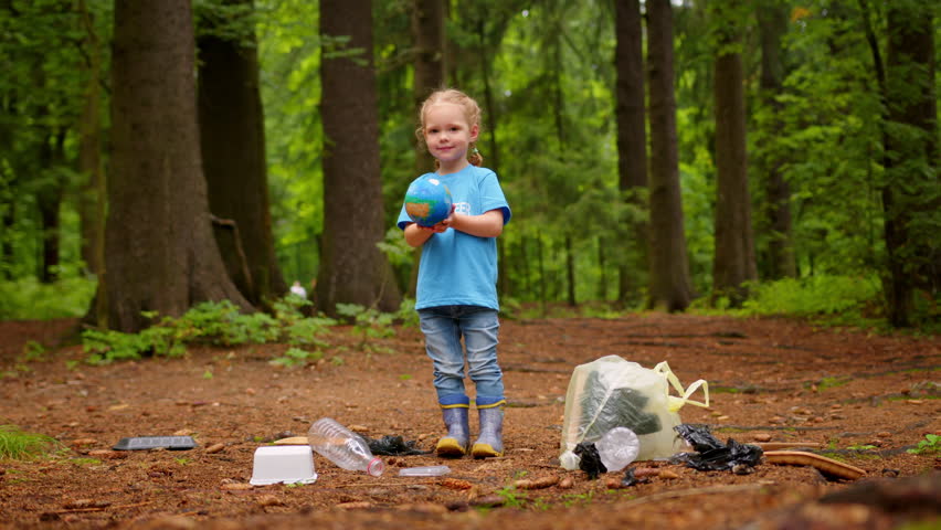 Preschooler girl showing beauty of environment with model globe against forest Royalty-Free Stock Footage #1112075209