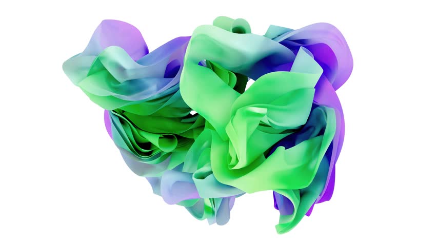 3d render video animation with surreal fluid drape textile silk rings objects in deformation process in curve wavy lines forms in emerald green and purple gradient mix color on white background | Shutterstock HD Video #1112076595