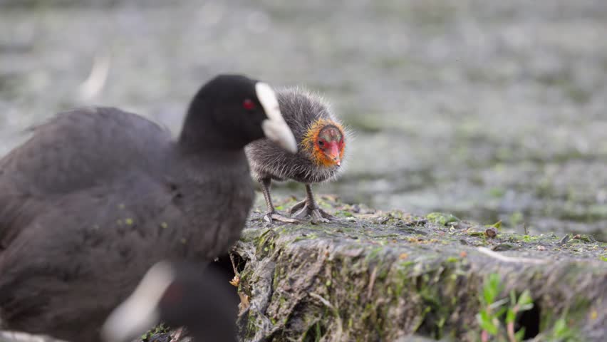 Cute baby Australian coot and adult forage along the lake shore