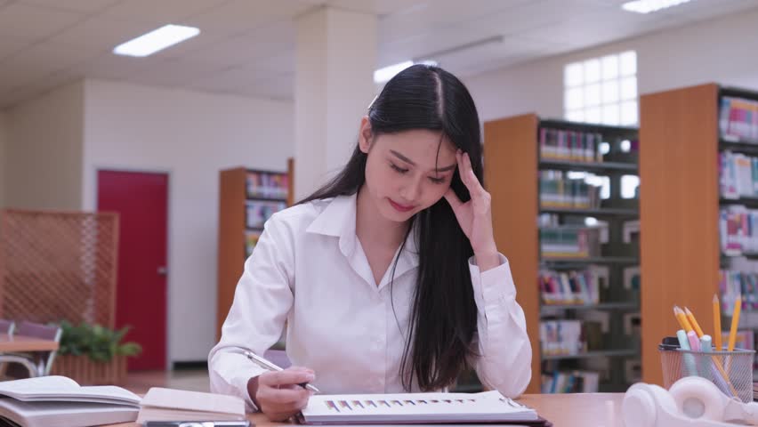 Young Asian female university students are reading study materials, researching lessons, and feeling frustrated in the university library due to difficulties in understanding the coursework | Shutterstock HD Video #1112079833
