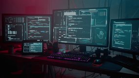 Front view of empty dark room filled with modern computer equipment with information, office furniture and monitors displaying data. Programmer studio. Concept of hacker and cyber crime. - Powered by Shutterstock - Get 15% off with code: PIKWIZARD15