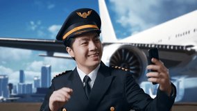 Close Up Of Asian Man Pilot Waving Hand Having A Video Call On Smartphone While Standing In Airfield With Airplane On Background