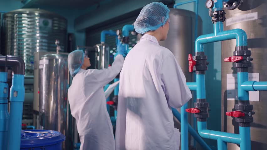 Caucasian female industry worker team working in factory warehouse. Attractive women industrial processing bottles of mineral water orders and food product at manufactory warehouse with happiness.
