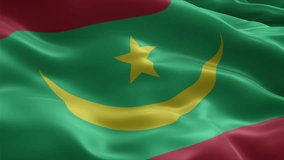 Mauritania flag video waving in wind. Realistic flag background. Close up view, perfect loop, 4K footage