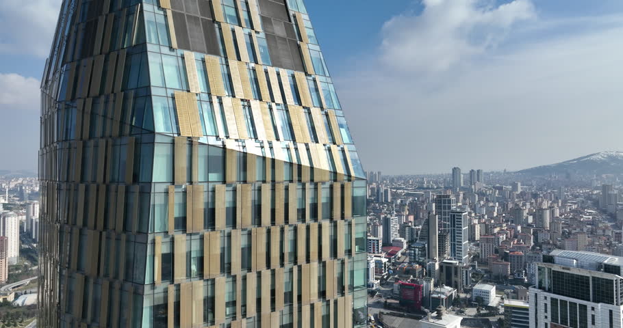 Cinematic aerial view of city skyline modern business financial skyscrapers building and shopping mall of Istanbul Turkey