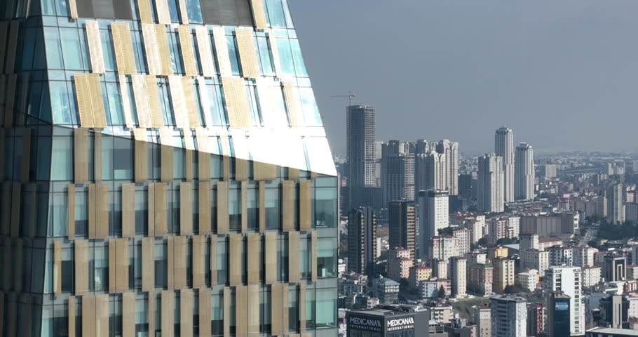 Cinematic aerial view of city skyline modern business financial skyscrapers building and shopping mall of Istanbul Turkey