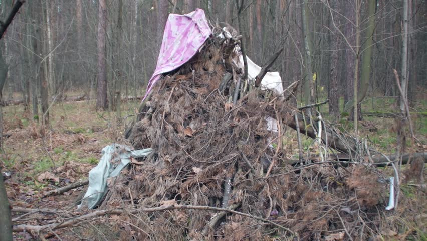 A primitive hut made of branches and rags in the park.