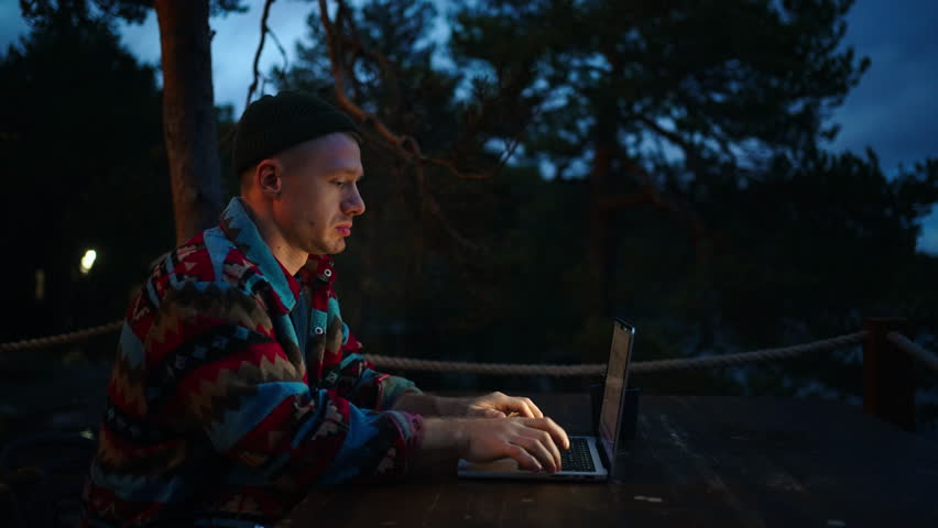 Man Traveler Typing Text On Laptop About Trip In Beautiful Eco Hotel, Blogger Making Content | Shutterstock HD Video #1112089795