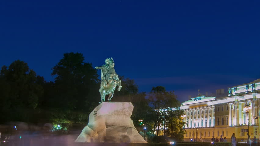 Night to Day Transition timelapse: Peter the Great Monument (Bronze Horseman) on Senate Square, St. Petersburg, Russia. Tourists Exploring during Summer White Nights