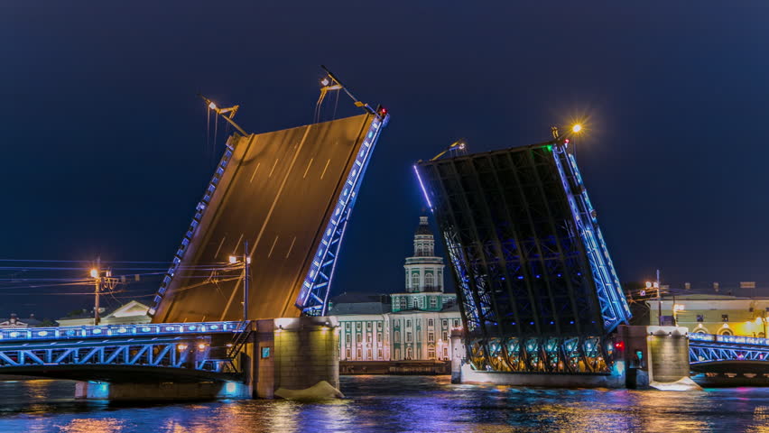 Raised Palace Bridge timelapse amid numerous boats and the prominent Kunstkamera - Museum of Anthropology and Ethnography. Overlooking the Neva River, scene embodies St. Petersburg's charm. Russia Royalty-Free Stock Footage #1112094769