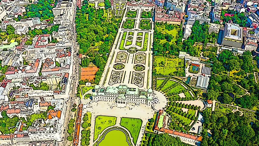 Vienna, Austria. The Belvedere palace complex dominates the frame, viewed from above in a stylized aerial composition. The Lower Belvedere sits at the bottom of the image with its pale facade and green domed towers, while the long formal gardens stretch upward in a rigid axis toward the Upper Belvedere on the horizon. Symmetrical parterres, clipped hedges, circular fountains, and geometric pathways fill the terraced grounds, all rendered in vivid greens, warm earth tones, and clean black outlines. Dense urban blocks and leafy parks flank both sides of the palace grounds, creating a strong contrast between the manicured Baroque geometry and the organic city fabric. The scene is bright and evenly lit, suggesting a clear summer day. The overall atmosphere is serene and picturesque, capturing one of Europe