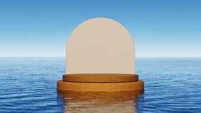Wooden podium on wave beach and blue sky abstract background. Copy space for product presentation. 3d render.	
