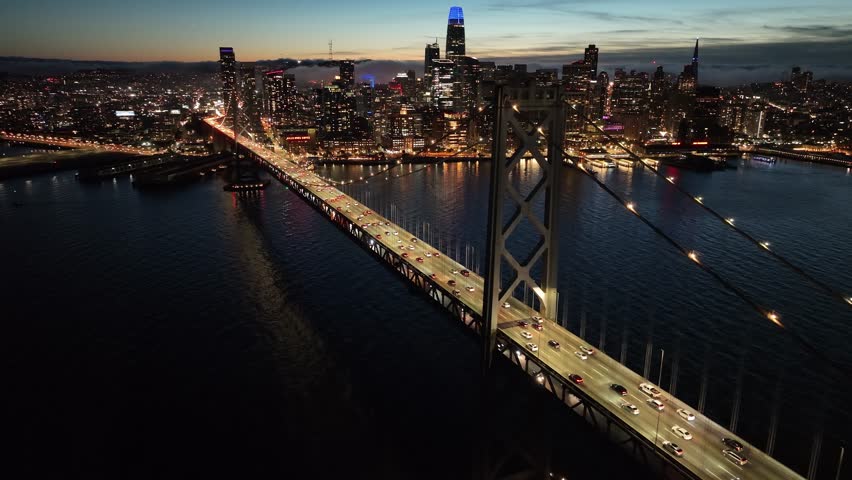 Sunset Oakland Bay Bridge At San Francisco California United States. Bridge San Francisco California. Industrial Landscape Capital City Vibrant. Industrial Urban Capital City Commercial Building Town.