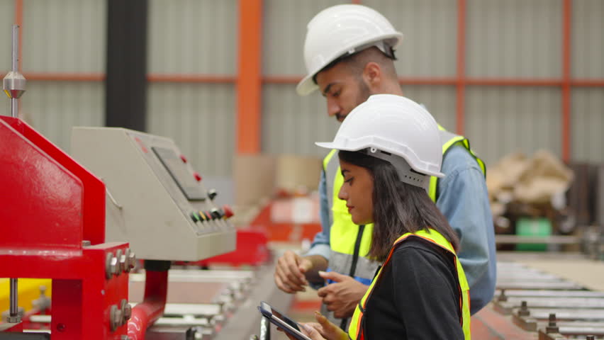 workers or engineers working on metal roof sheet forming machine in the factory