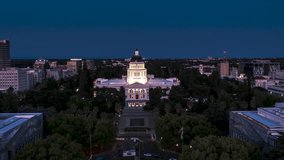 Establishing Aerial View Shot of Sacramento at night evening CA, California State Capital, California, USA