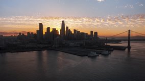 Hypnotic sunset, marvellous light, Establishing Aerial View Shot of San Francisco SF CA, California, United States, America, downtown, financial district