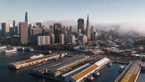 Establishing Aerial View Shot of San Francisco CA, California, United States, America, day, fog rolling in