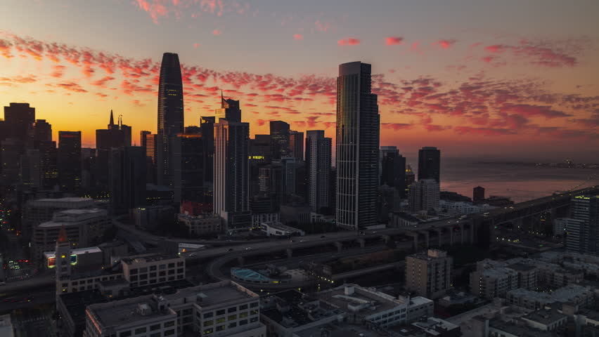 Hypnotic sunset, marvellous light, Establishing Aerial View Shot of San Francisco SF CA, California, United States, America, downtown, financial district Royalty-Free Stock Footage #1112108593