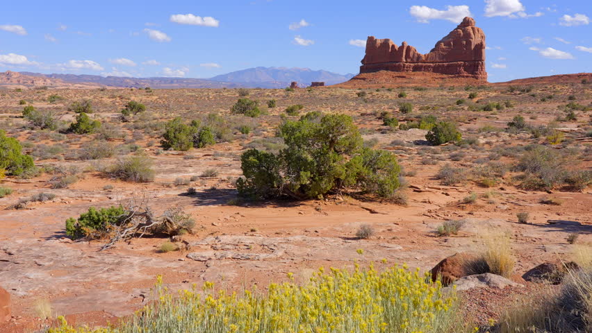 Establishing shot of mountain trail with red rocks background in La Sal Mountains, Arches National Park, Utah, North America. Day time on October 2023. Still camera view. ProRes 422 HQ.
