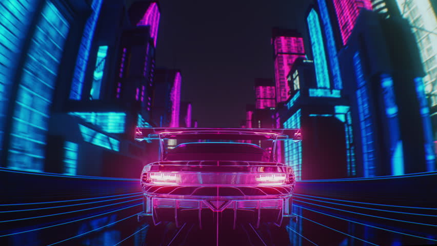 Loop of a cyber neon car through the night city in skyscrapers. 3D Illustration Royalty-Free Stock Footage #1112114659
