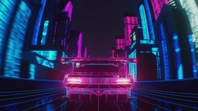 Loop of a cyber neon car through the night city in skyscrapers. 3D Illustration