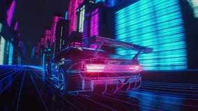 Loop of a cyber neon car through the night city in skyscrapers. 3D Illustration