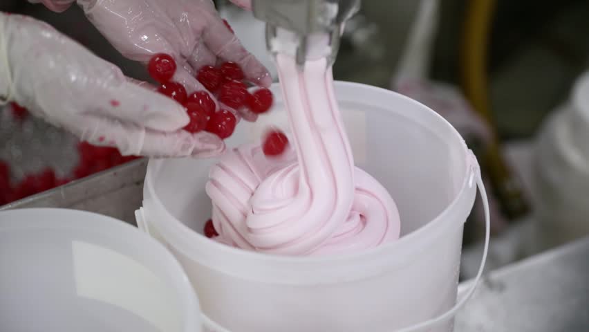 Food industry. Closeup view of cherry and cream ice cream coming out from a pipe into a commercial plastic container. The factory worker adds red cherries. 