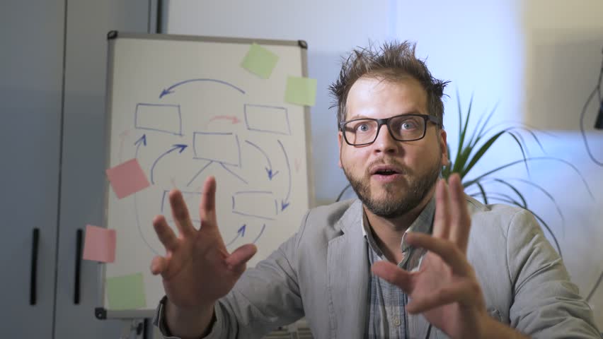 Funny meme man freak with conspiracy theory and explanation system, businessman business trainer lecturer shows graphs on the board