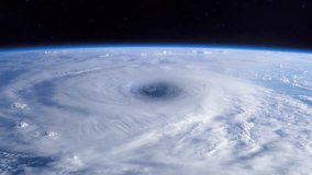  Giant Hurricane Eye Seen from Space. Cyclone Satellite View. Hyper Realistic Animation. Elements of this video furnished by NASA
