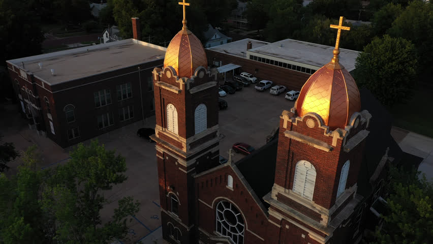 View of a historic church in downtown Arkansas City, Kansas, USA.