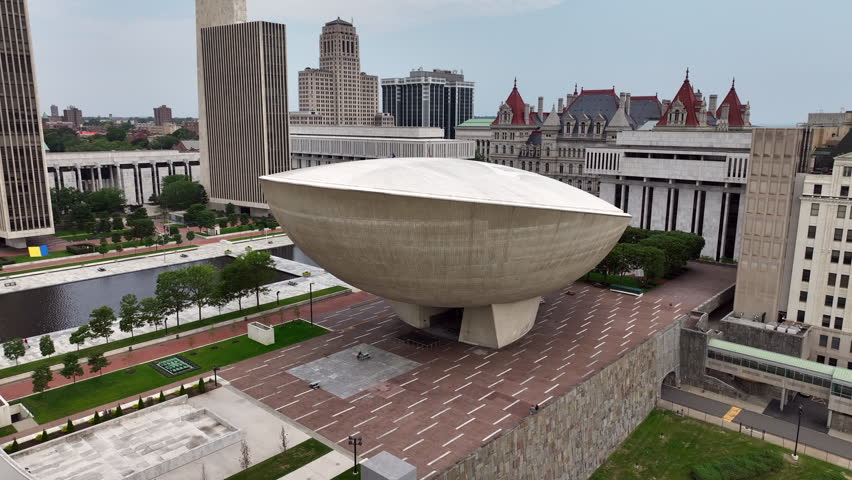 Aerial view of the Egg and Empire State Plaza in Albany, capital city of New York.