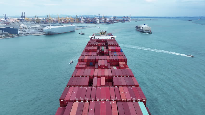 Aerial front view Cargo Ship carrying container and running for export goods from cargo yard port to other ocean concept freight shipping ship  Royalty-Free Stock Footage #1112122749