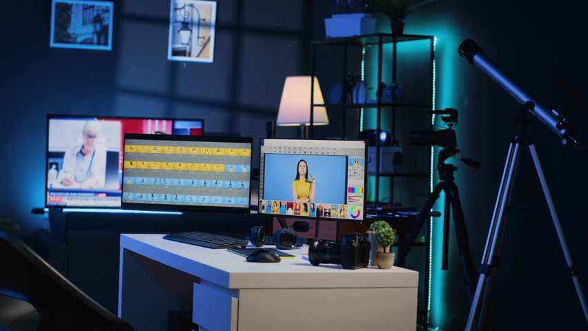 Cutting edge creative office in media company with multi monitor computer setup used for image retouching. Professional post processing studio with editing software interface on PC screens