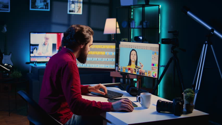 Photo editor editing images in post production company using retouching software. Photographer fixing overexposed pictures, adjusting white balance slider while drinking coffee