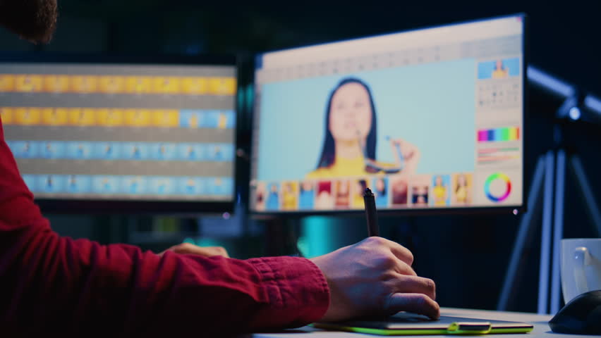 Expert photo editor zooming in on images and fixing faulty spots using graphic tablet in home studio, close up. Professional photographer expertly refining pictures with stylus on touchscreen device