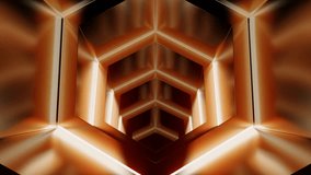 Moving in the endless glowing brown tunnel formed by neon lines. Design. Geometric 3d background.