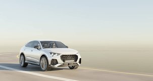 3d render of driving suv car or cruising vehicle on highway road for travel and transport concept, looping video.